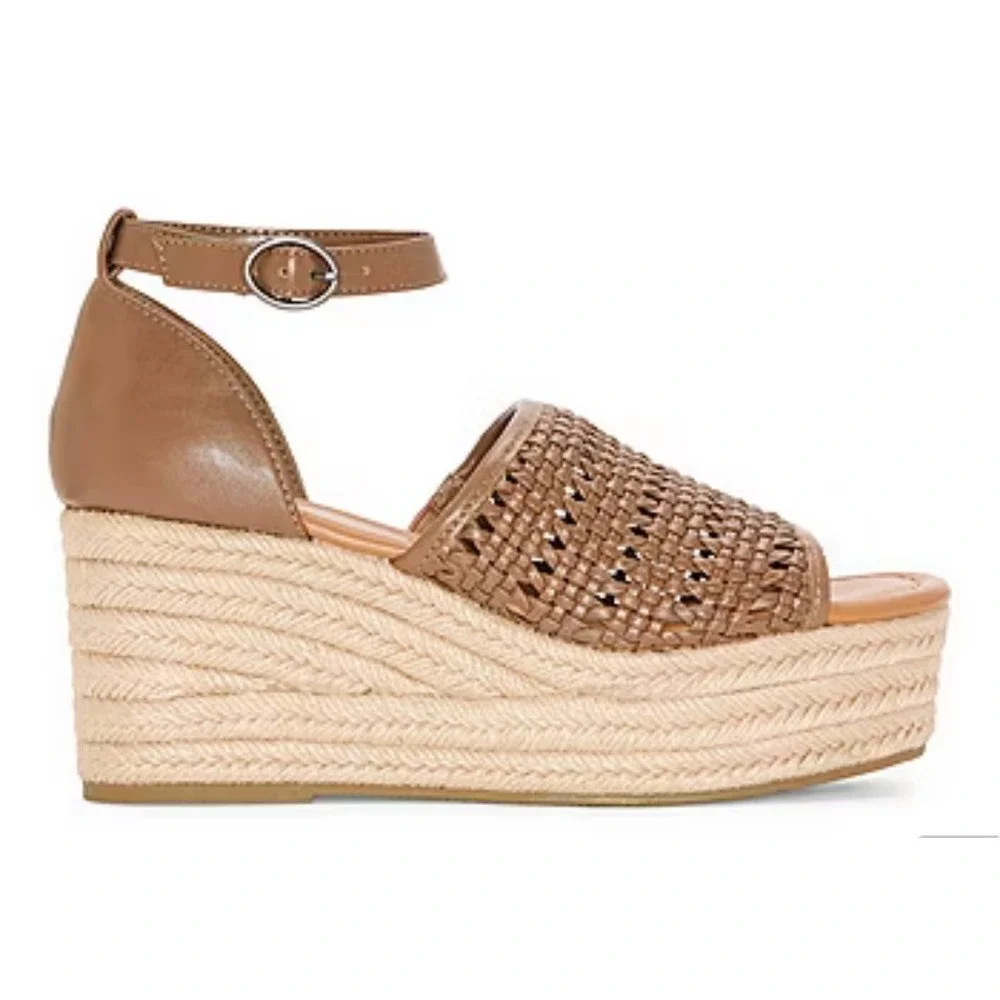 Boho Taupe Woven Espadrille Platform Wedge Cottagecore Sandals‎ 9.5 M NEW